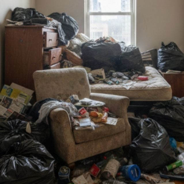Cluttered room with a stained armchair, mattress, dresser, and multiple black garbage bags.
