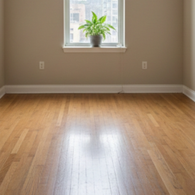 Empty room with hardwood floors, a window with a plant, and tan walls.