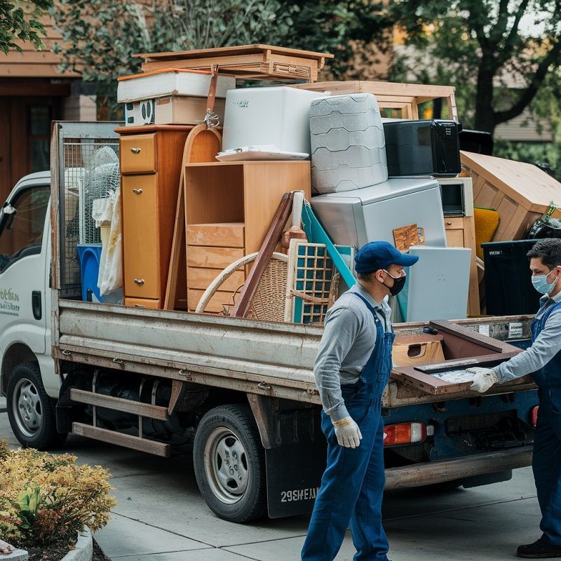 Two movers loading furniture onto a truck in front of a house.