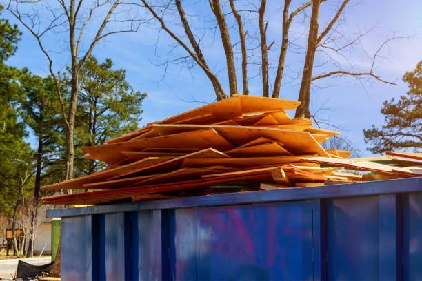 Pile of wood debris overflowing a blue dumpster, trees and sky in the background.