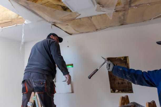 Two workers repairing a damaged ceiling and wall. One on a ladder, another holding a tool near exposed insulation.
