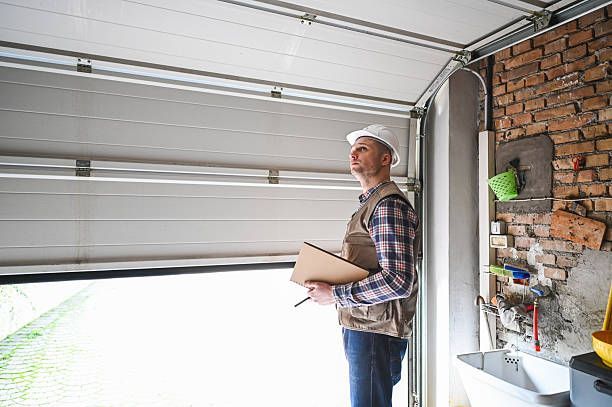 Person in hard hat examining a partially open garage door, holding a clipboard.