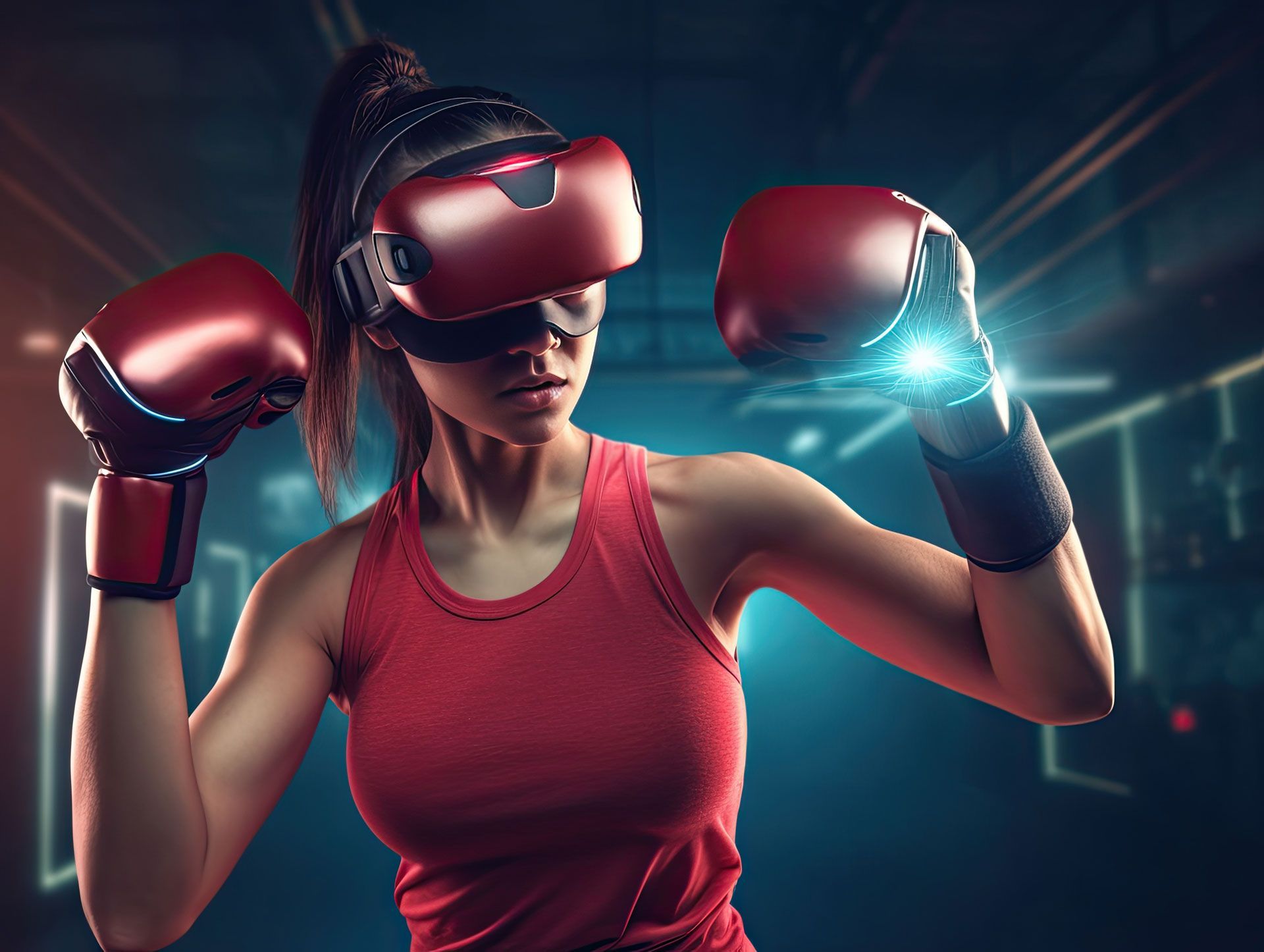 A woman wearing virtual reality glasses and boxing gloves.