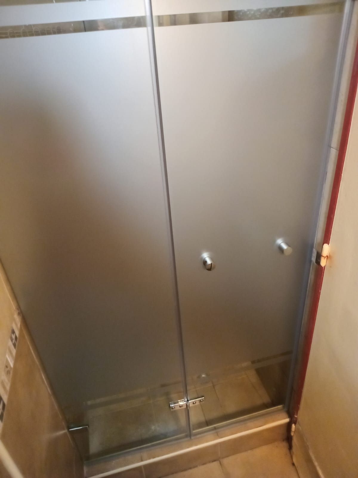 Puerta de ducha de vidrio esmerilado con manijas plateadas en un baño.