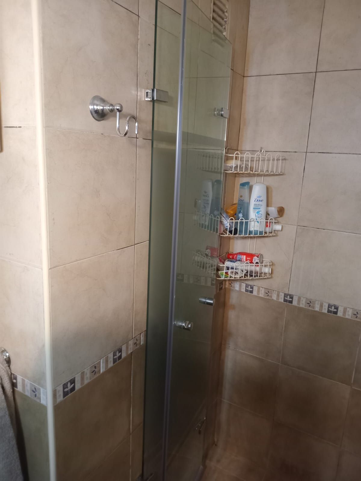 Cabina de ducha con puerta de cristal, paredes revestidas de azulejos y estantes con artículos de tocador.