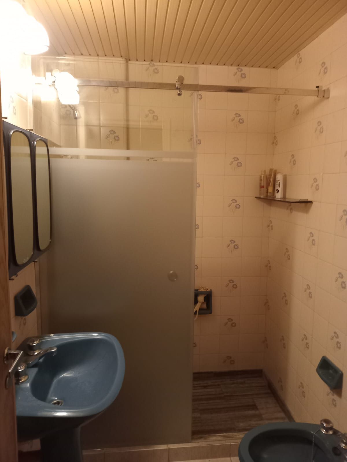 Baño con lavabo e inodoro azules, ducha con puerta de vidrio esmerilado y paredes de azulejos estampados.