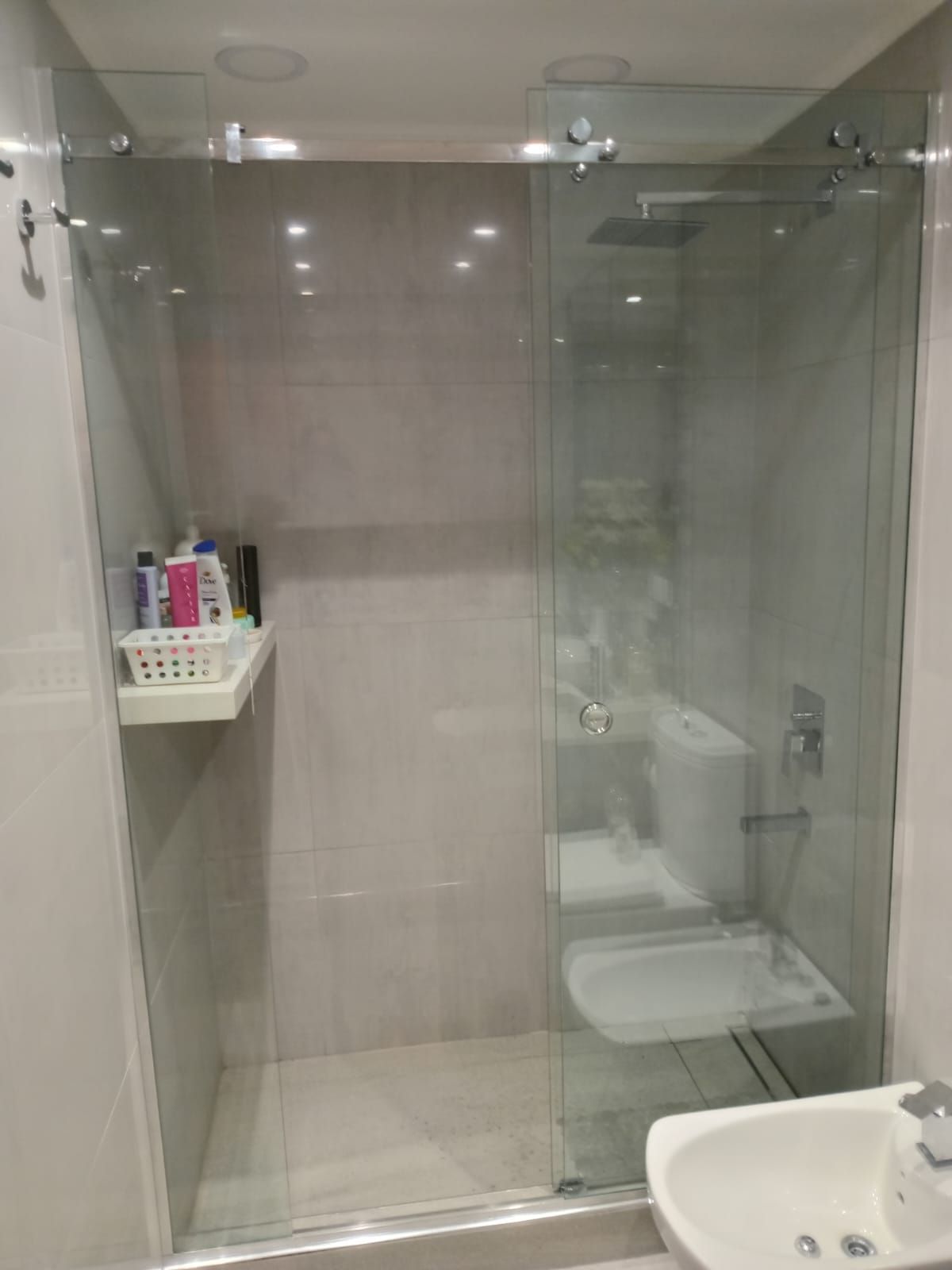 Mampara de ducha de cristal en baño con inodoro, lavabo y estantería con artículos de aseo.