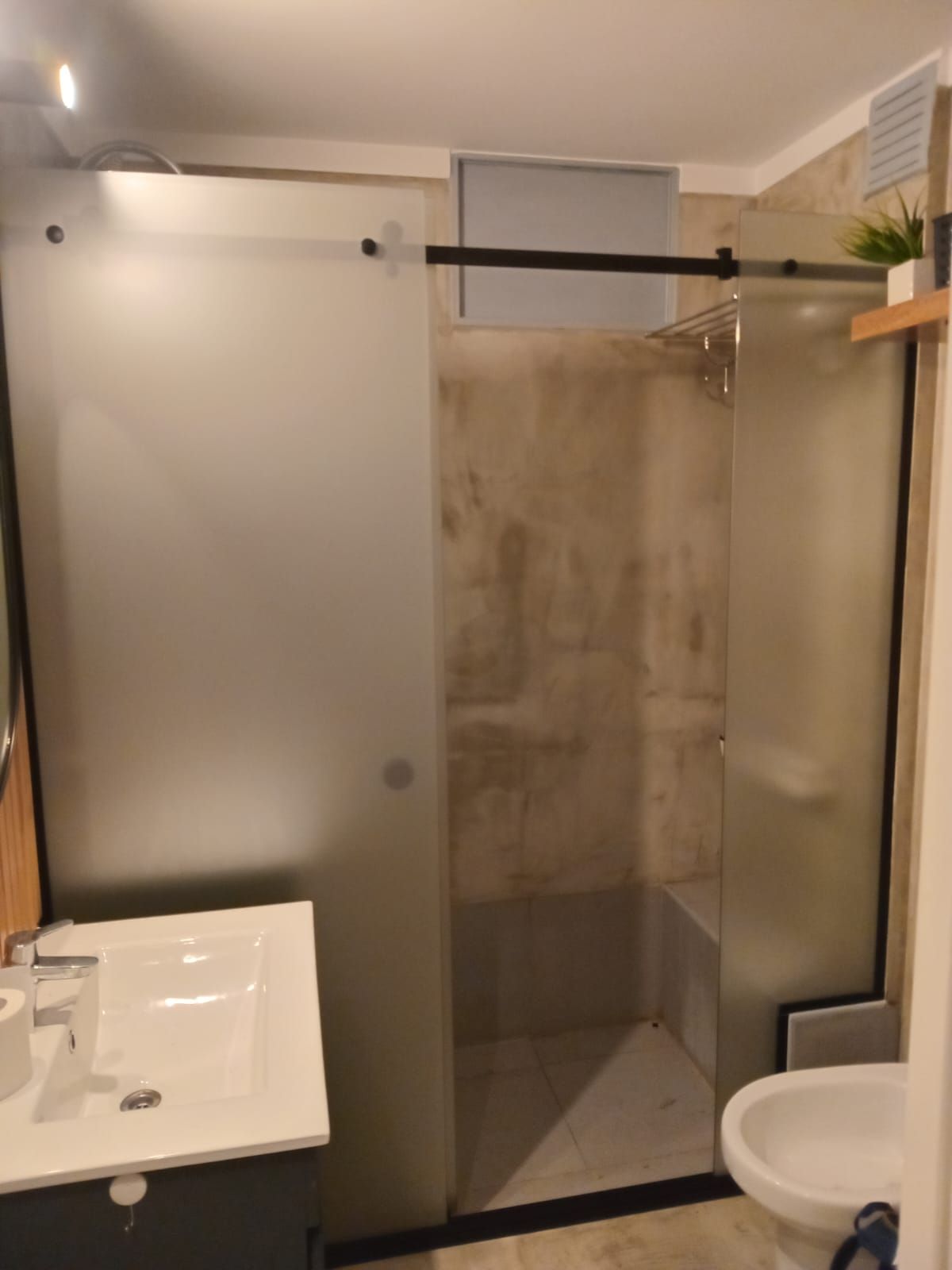 Baño con puerta de ducha corrediza de vidrio esmerilado, lavabo blanco e inodoro.