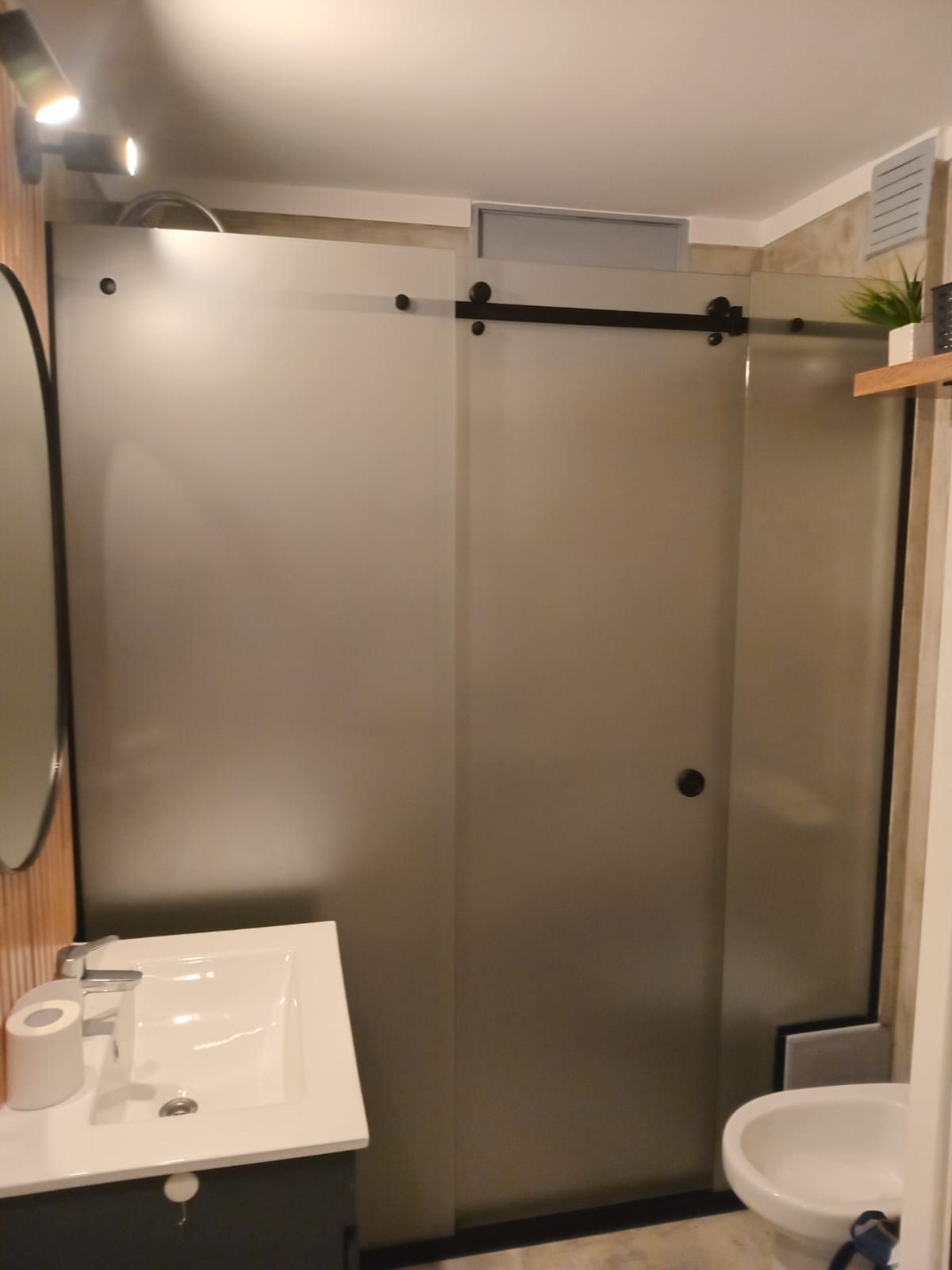 Baño con puerta de ducha corrediza de vidrio esmerilado, herrajes negros, lavabo e inodoro.