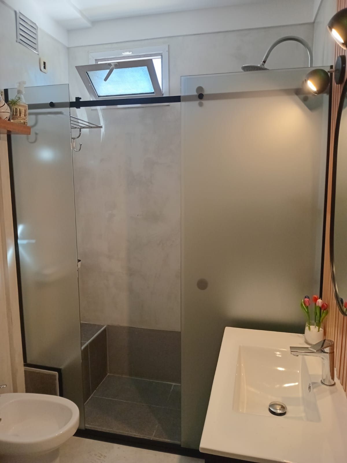 Baño con ducha de cristal esmerilado, tocador con lavabo e inodoro.