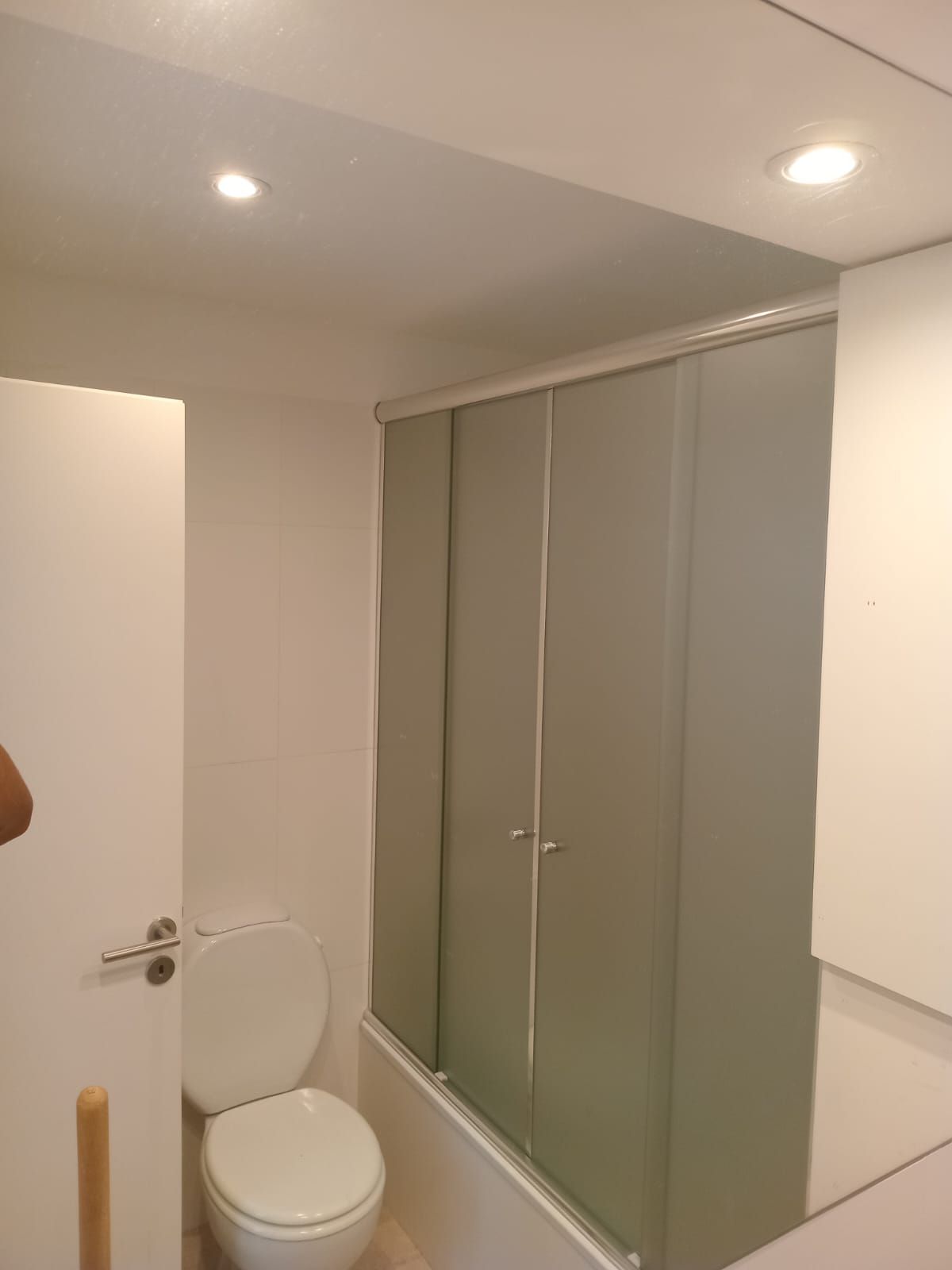 Interior de baño con inodoro, ducha y puerta blanca cerrada.