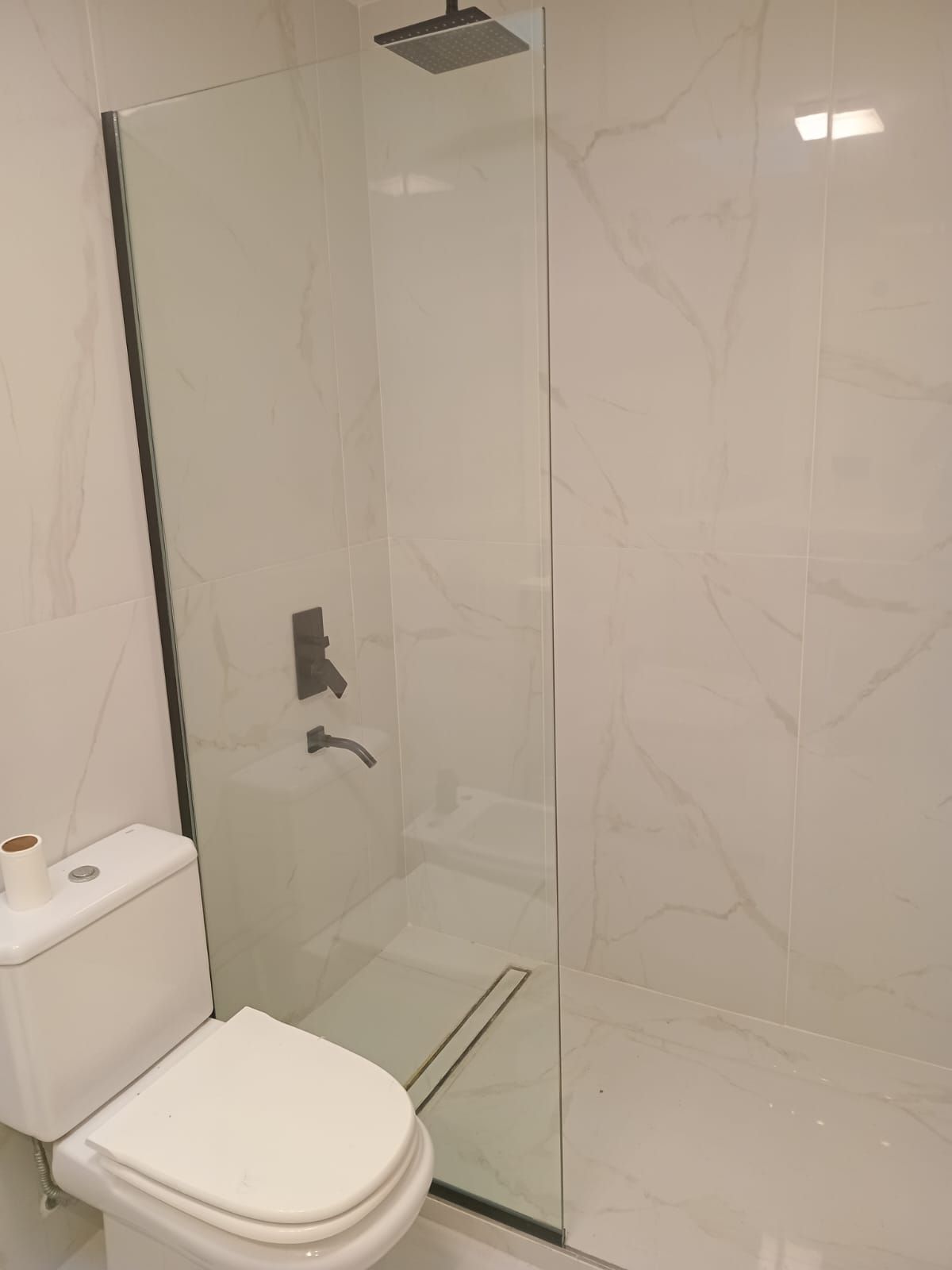 Baño moderno blanco con mampara de ducha de cristal y WC.