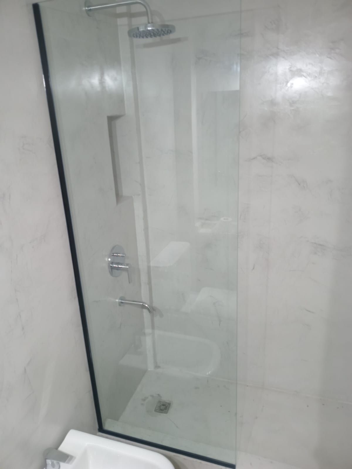 Ducha con puerta de cristal, accesorios plateados y paredes blancas.