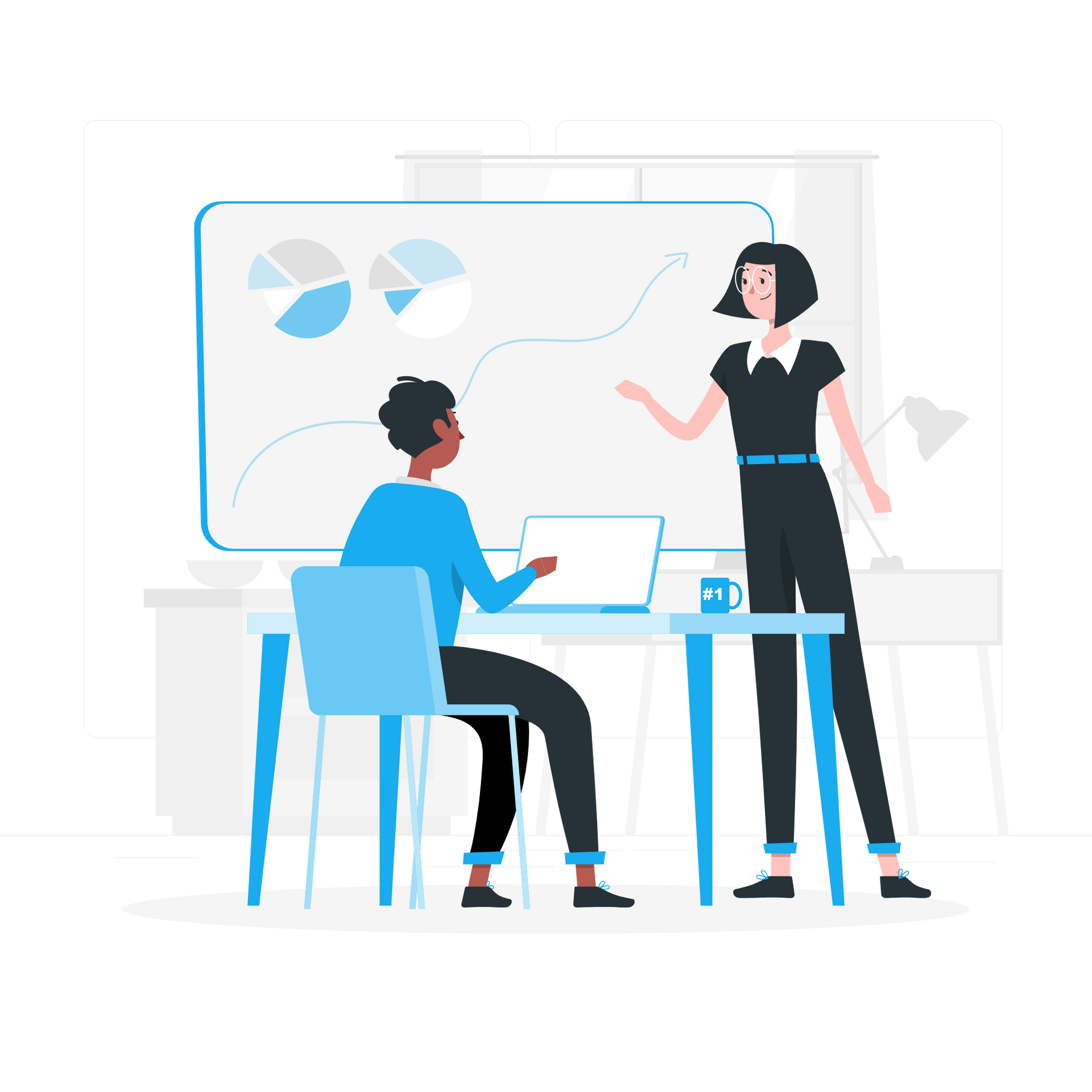A Woman is Giving a Presentation to Another Woman Who is Sitting at a Desk With a Laptop