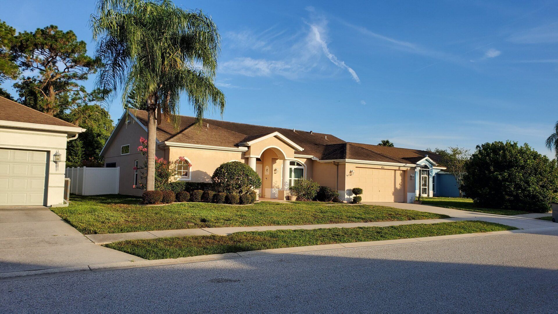 A house with a garage and a palm tree in front of it.