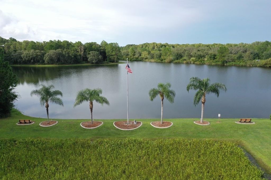 A lake with palm trees and an american flag in the foreground