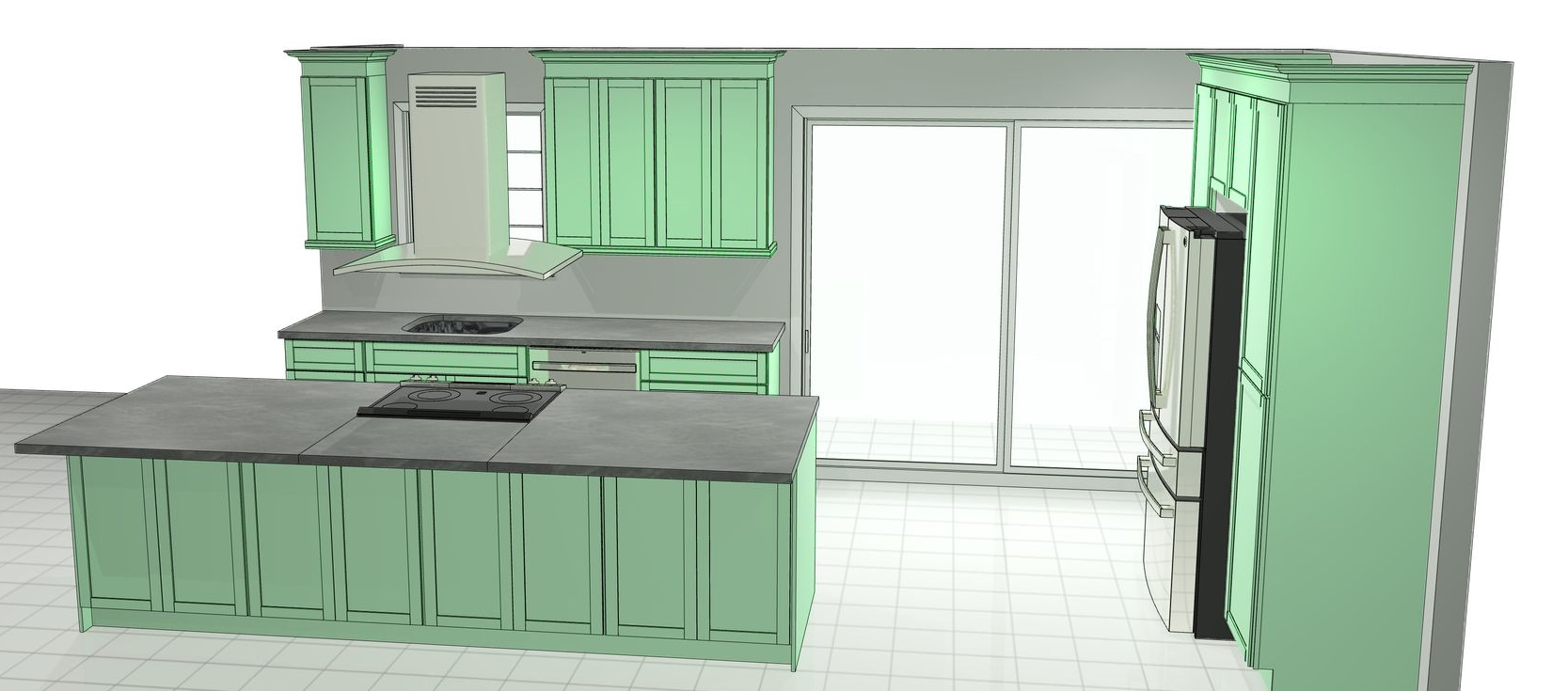 A modern kitchen with green cabinets, a gray countertop, and a stainless steel refrigerator.