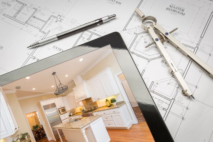Computer Tablet Showing Finished Kitchen On House Plans, Pencil