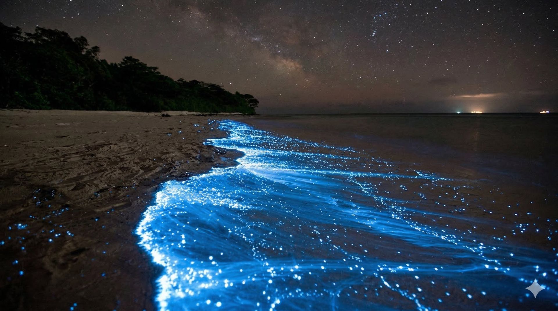 Bioluminescent blue waves glow against a sandy beach under a starry night sky.
