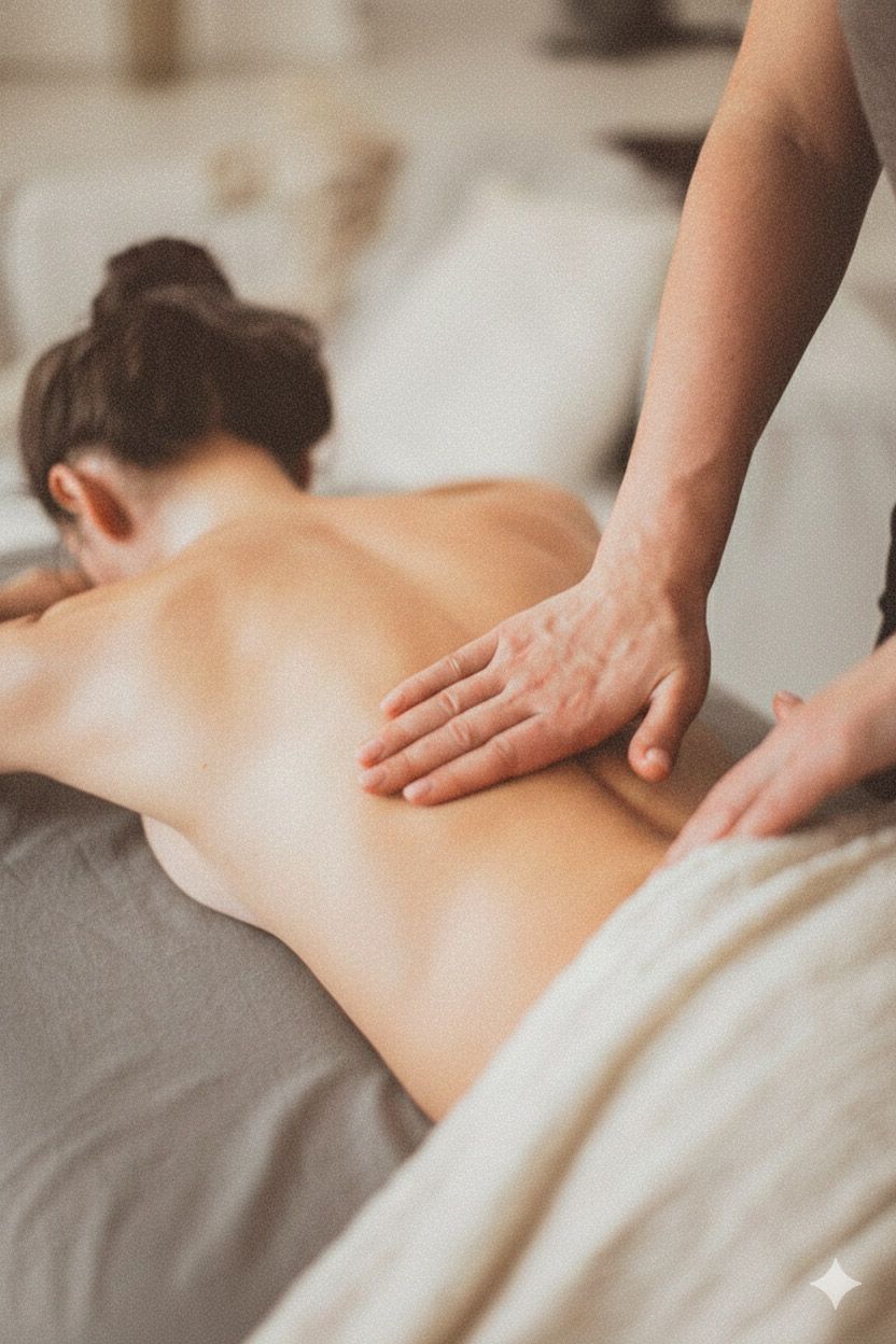 Person receiving a back massage; therapist's hands on lower back. Gray sheets, cream-colored towel.