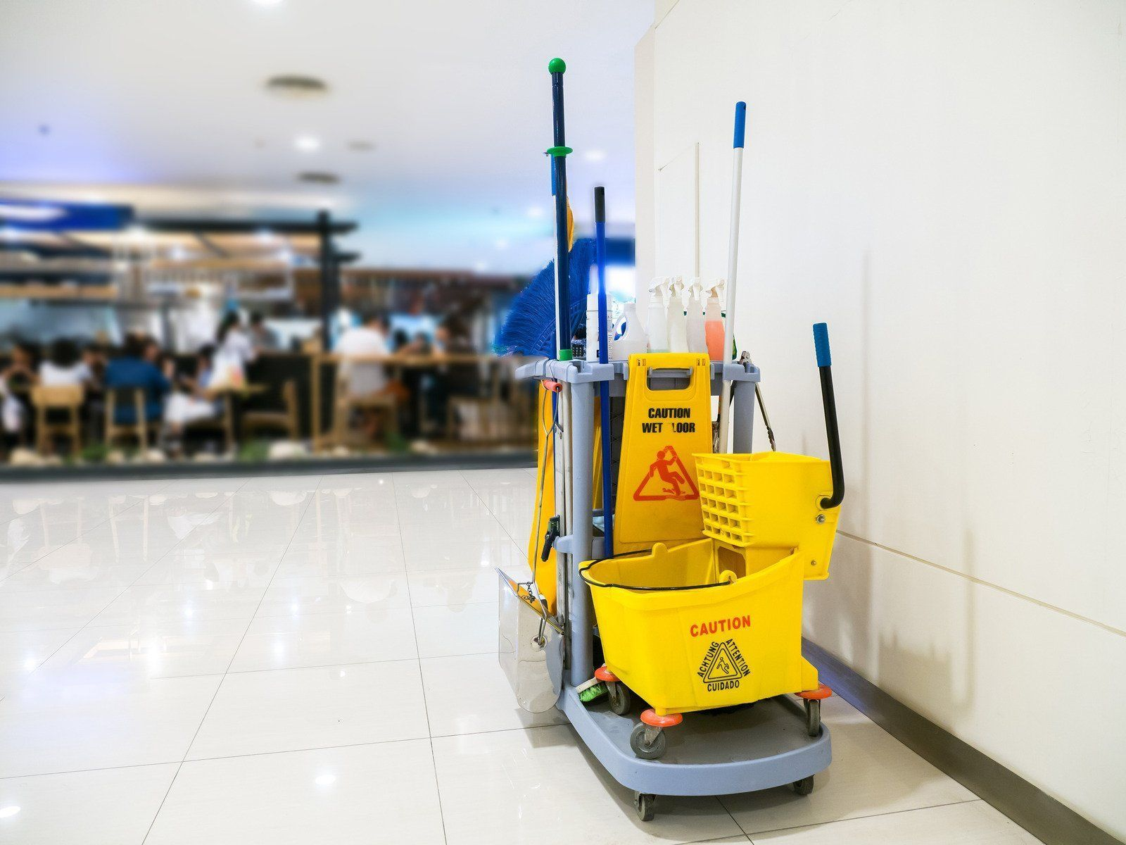 A mop and bucket are sitting on a cart in a hallway.