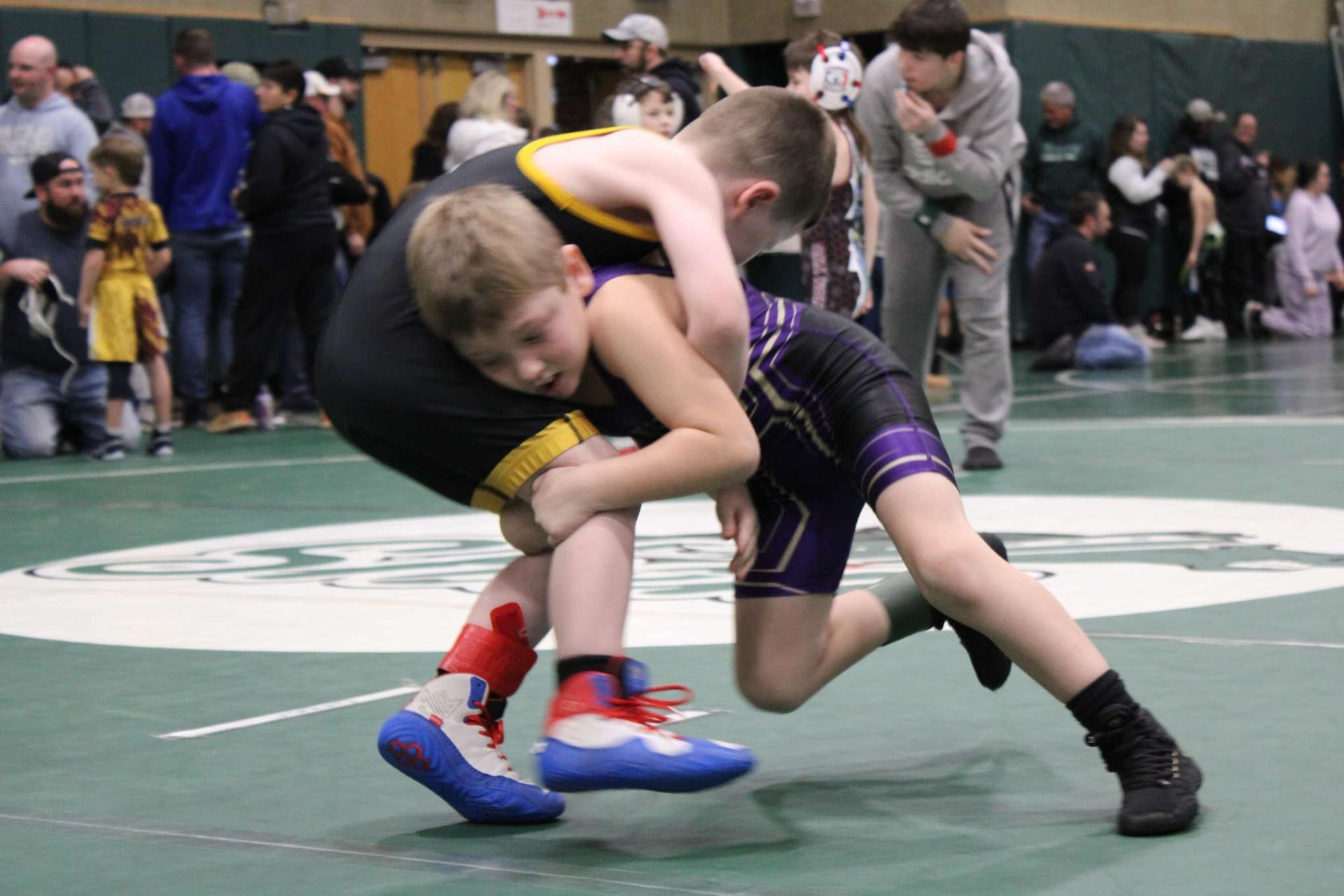 Two young wrestlers in action on a green mat. One in black and yellow, the other in purple, grappling.