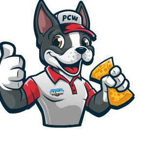 Park's Car Wash logo of a cartoon dog wearing a pcw hat is holding a piece of cheese and giving a thumbs up