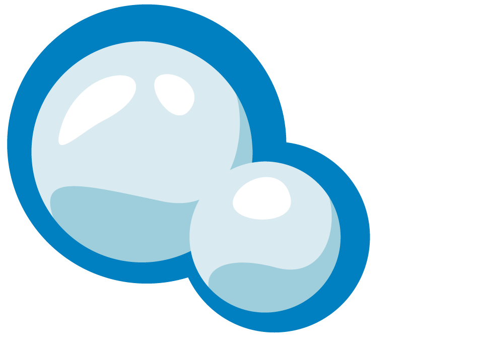 Two bubbles are floating in a blue circle on a white background.