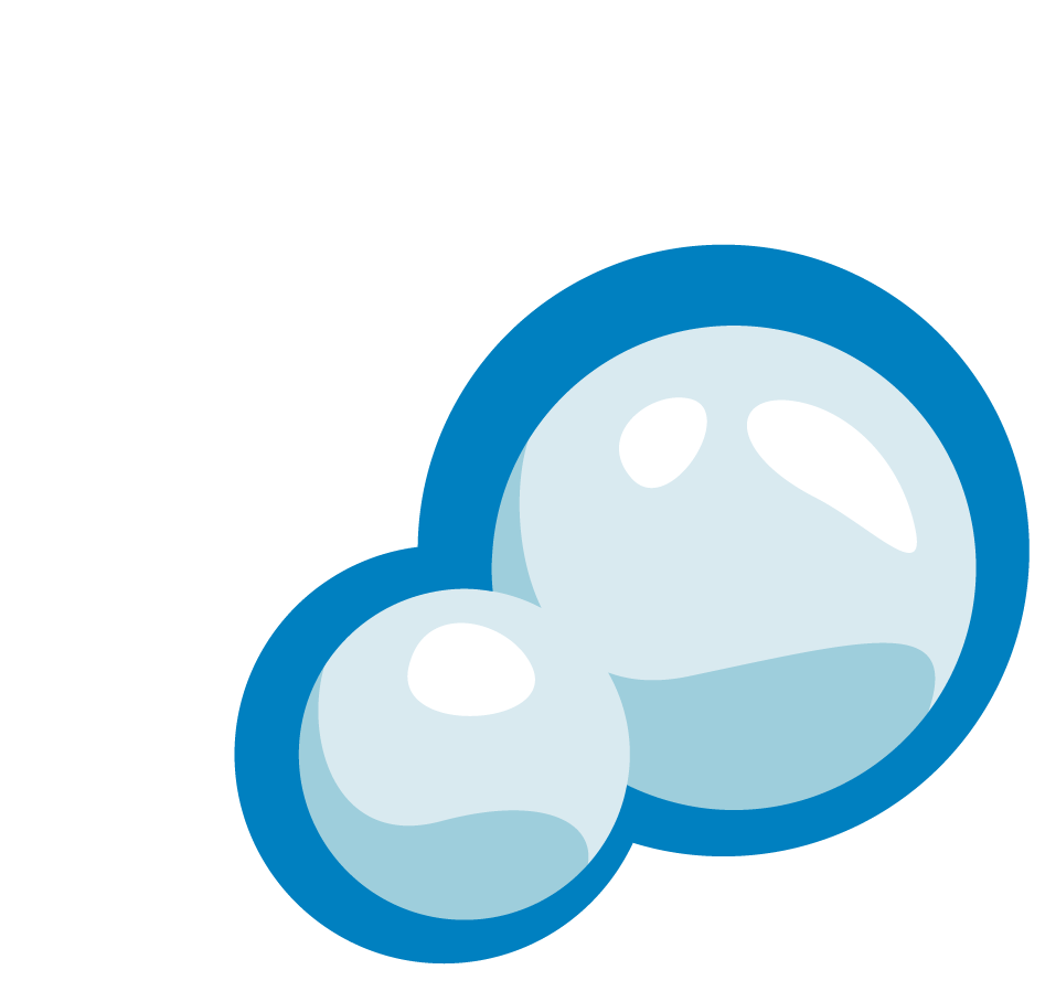 Two bubbles are floating in a blue circle on a white background.
