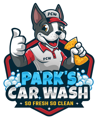 Park's Car Wash logo of a cartoon dog is holding a sponge and giving a thumbs up.