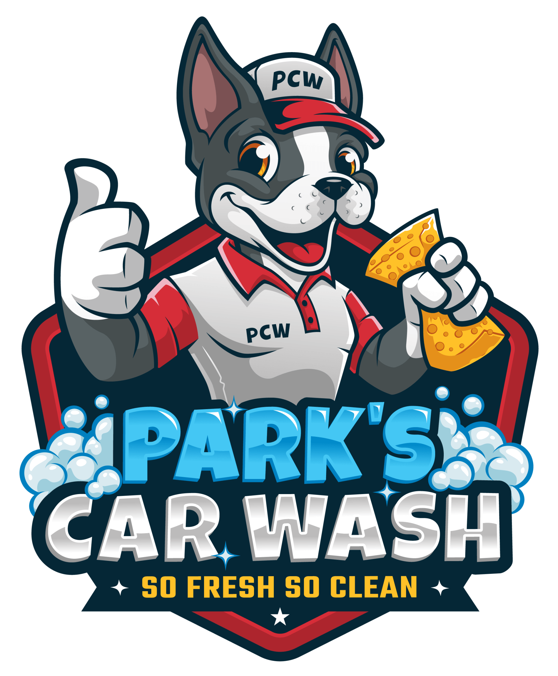 park's car wash logo of a cartoon dog holding a sponge and giving a thumbs up .