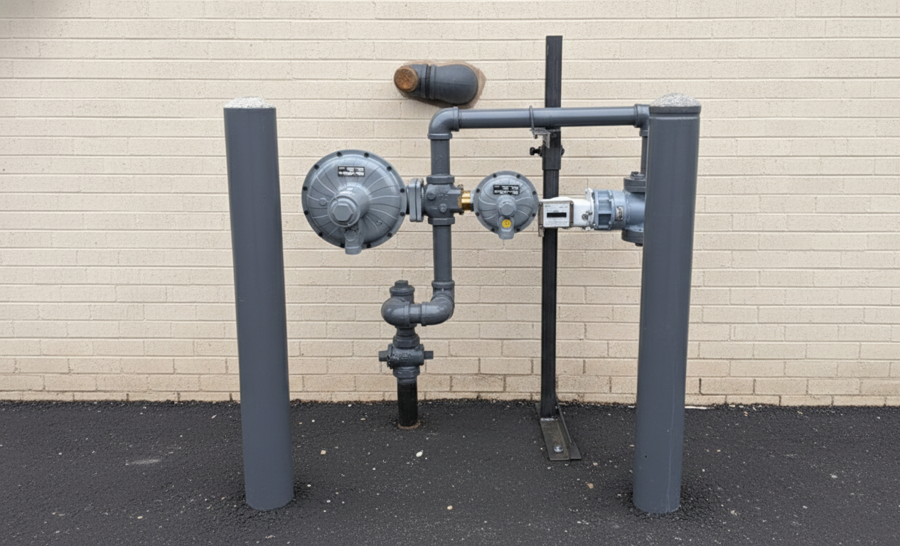 A rusty gas meter attached to a white-sided house with a small window; on a grassy lawn.