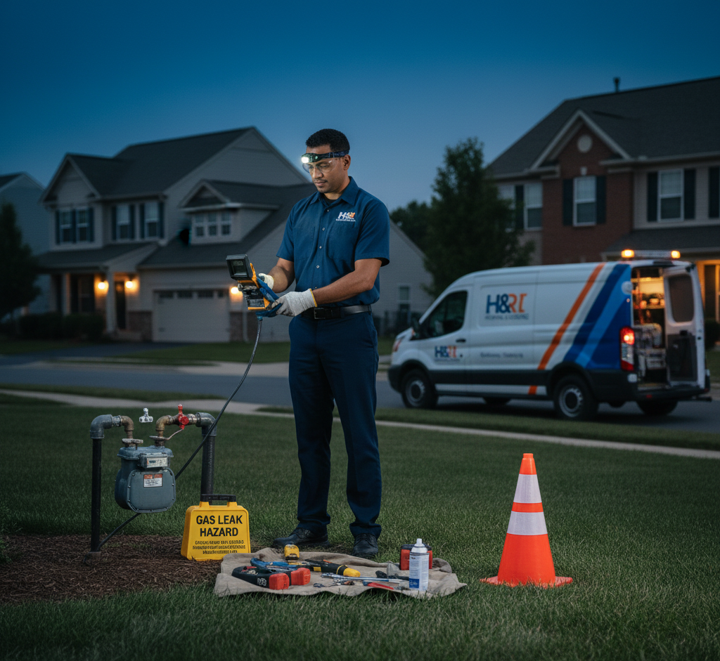 Technician inspecting gas meter at night; service van in background.