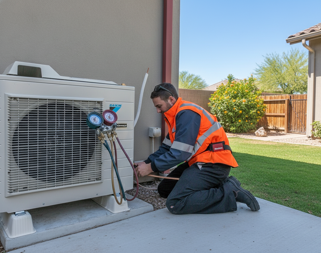 HVAC technician kneeling, connecting gauges to an AC unit outside a building.