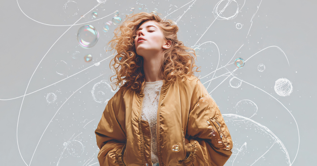 Young woman in a gold jacket with eyes closed, swirls and bubbles illustrated around her