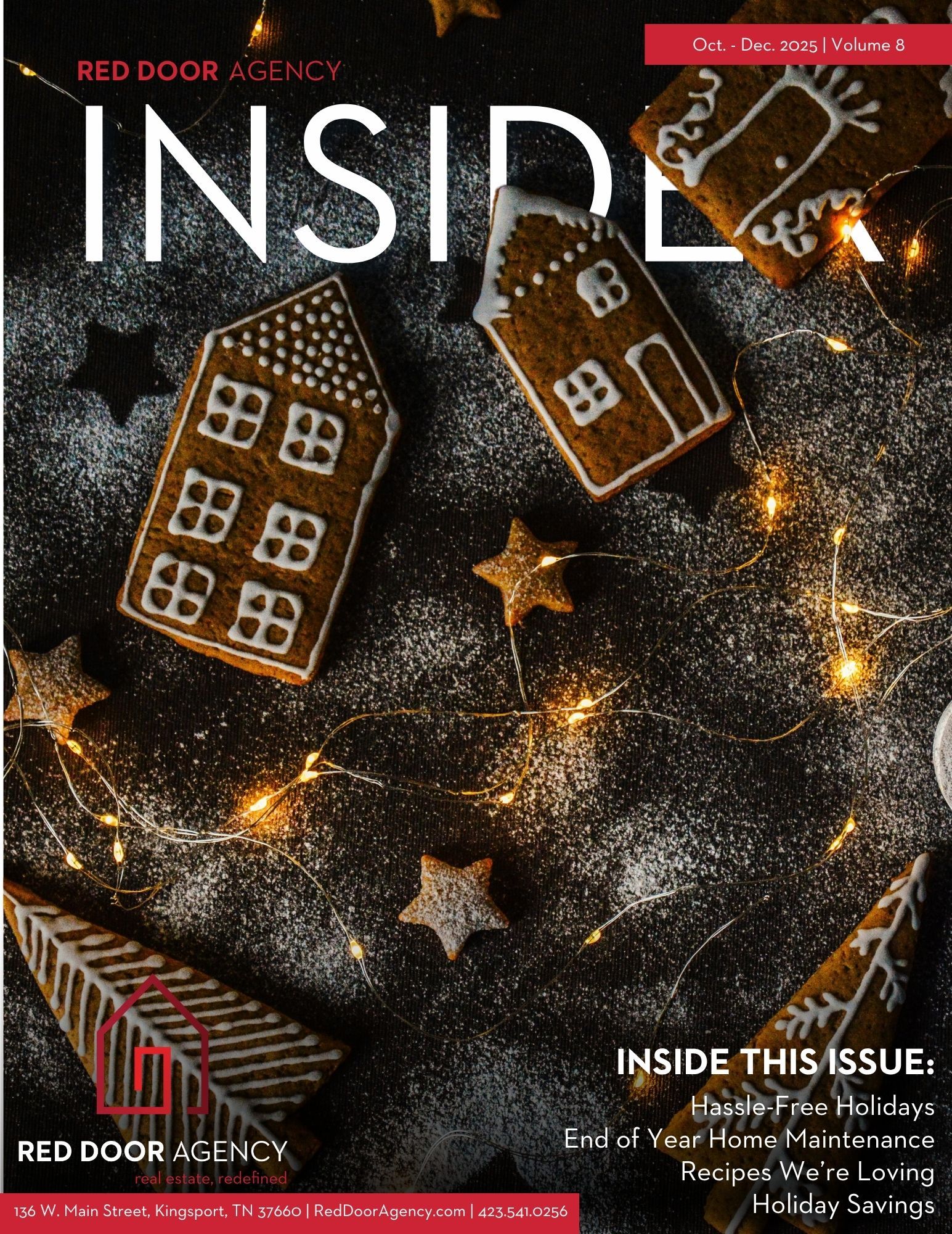 Magazine cover: gingerbread houses, stars, lights on black surface. 