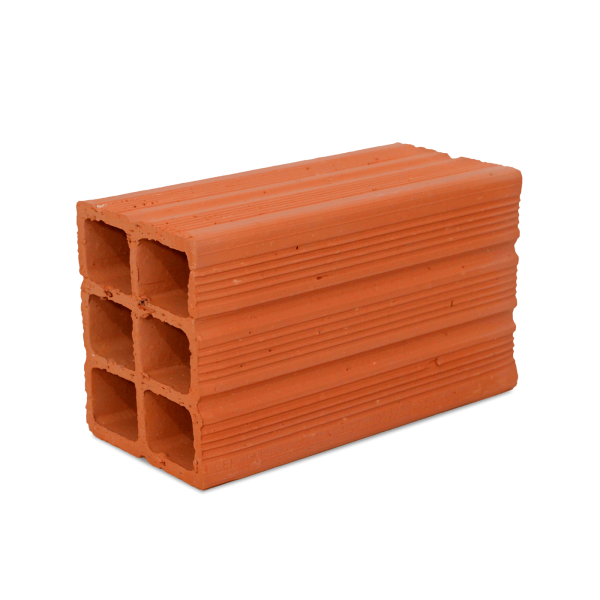 Um tijolo vermelho empilhado um sobre o outro em um fundo branco.