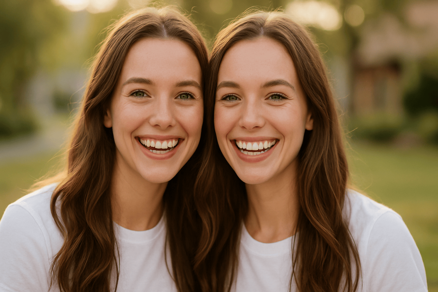 Two women smiling broadly, wearing white shirts, outdoors, with long brown hair.