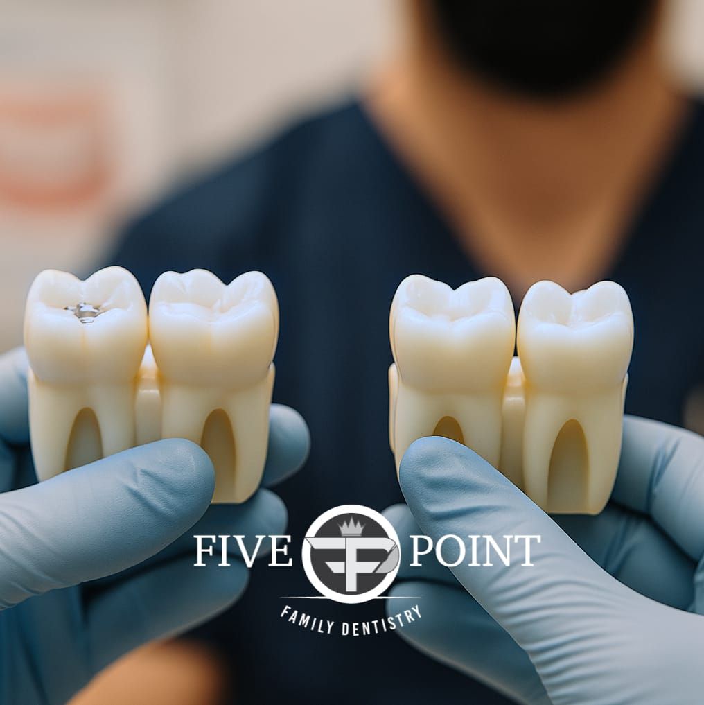 Dentist holding two examples of tooth fillings