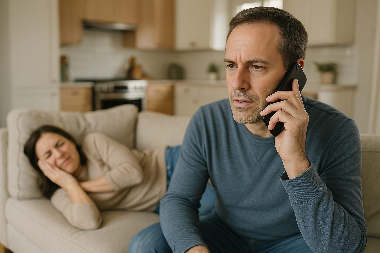 Man on phone, concerned expression, woman resting on sofa in living room.