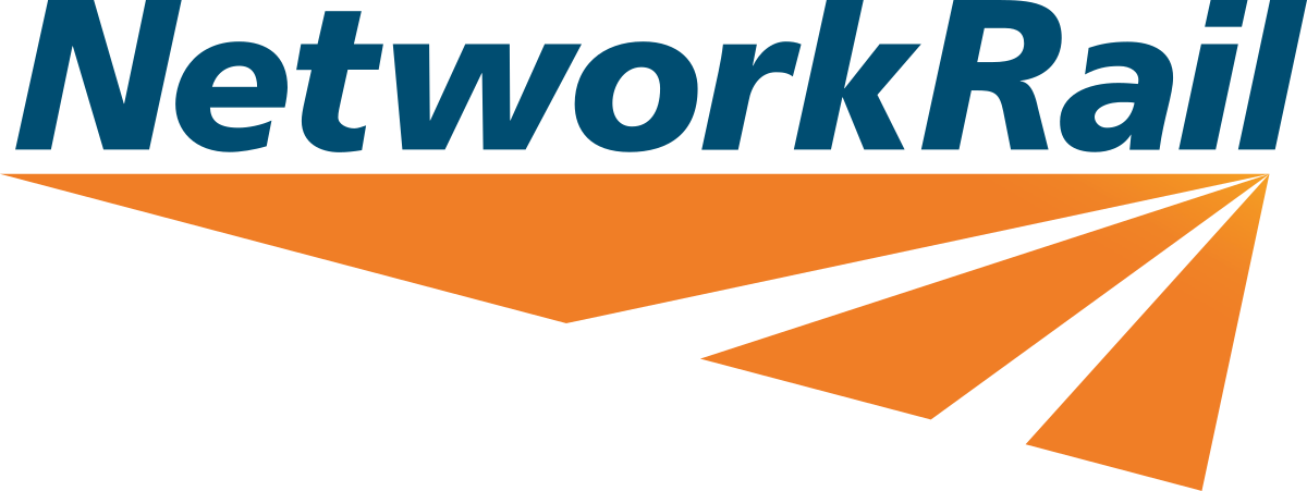 Network Rail logo with blue text and orange angled lines.