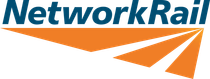 Network Rail logo with blue text and orange angled lines.