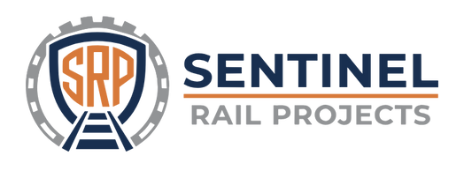 Logo for Sentinel Rail Projects, featuring a shield with train tracks, gears, and 