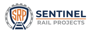 Logo for Sentinel Rail Projects, featuring a shield with train tracks, gears, and 