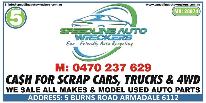 Speedline Auto Wreckers business card featuring company logo, contact details, and services offered, including car removal and quality used auto parts in Perth, Australia.