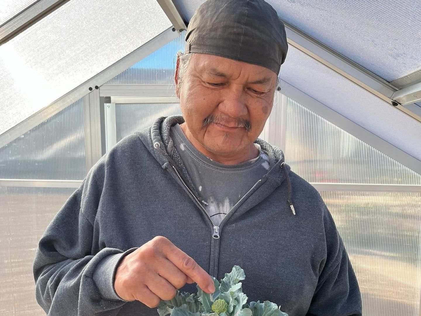A man wearing a bandana is holding a plant in a greenhouse.