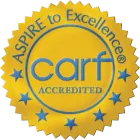 A seal that says aspire to excellence carf accredited