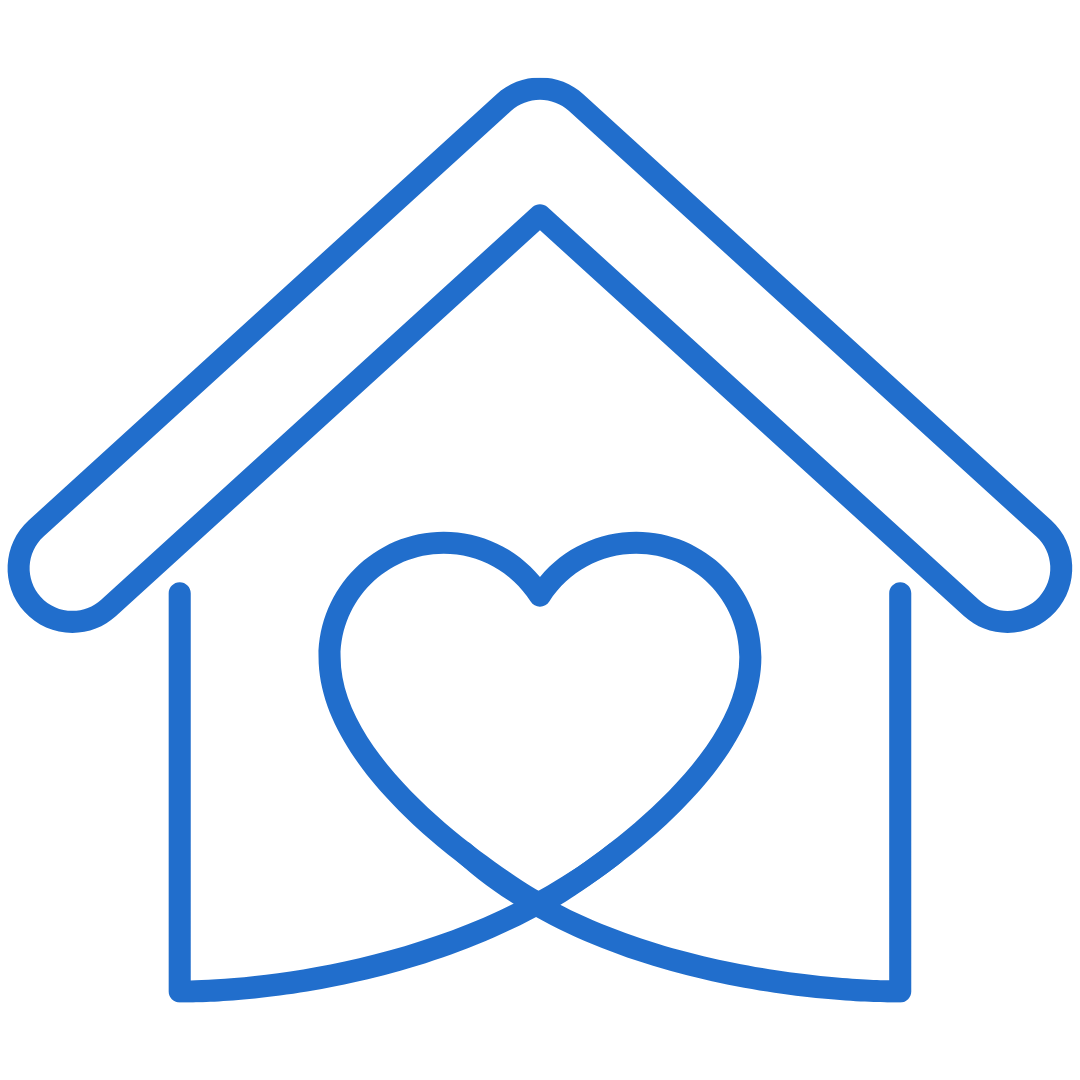 A blue line drawing of a house with a heart inside of it.