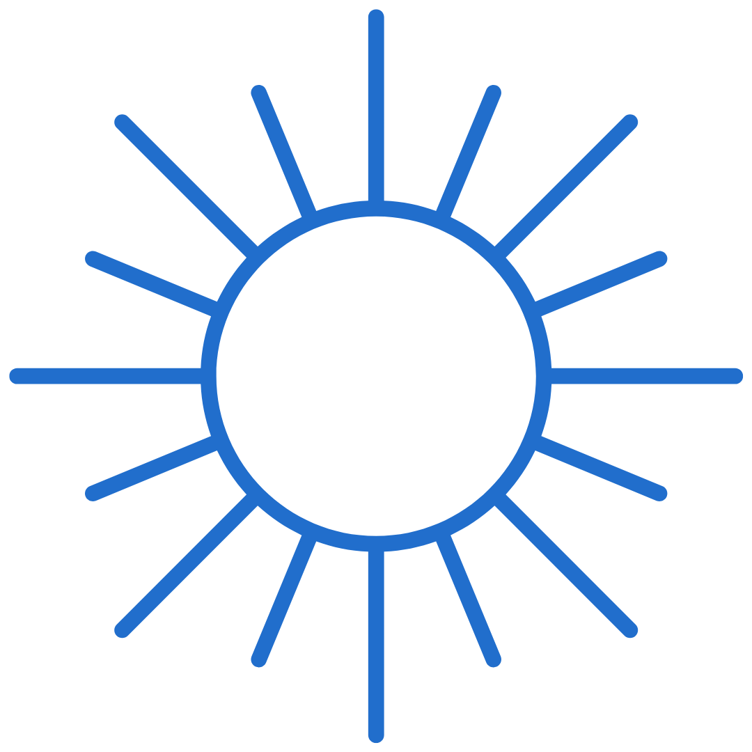 A blue icon of a sun with rays coming out of it.