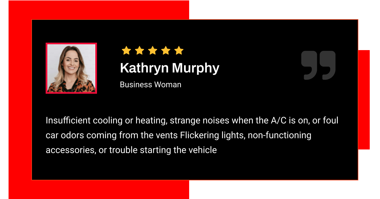 Customer review quote: Kathryn Murphy, with 5-star rating, citing problems with car air conditioning, odors, and starting.